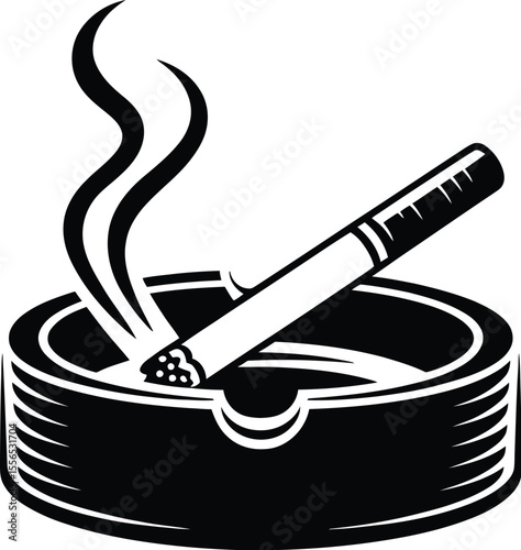 A black and white graphic of a cigarette resting in an ashtray with smoke rising from the burning end