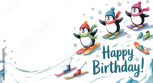 Watercolor happy birthday card featuring penguins skiing down a snowy hill with snowflakes falling around