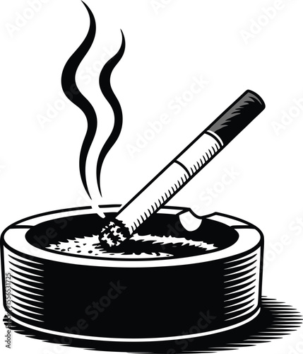 A cigarette burning in an ashtray with smoke rising in a black and white graphic illustration style