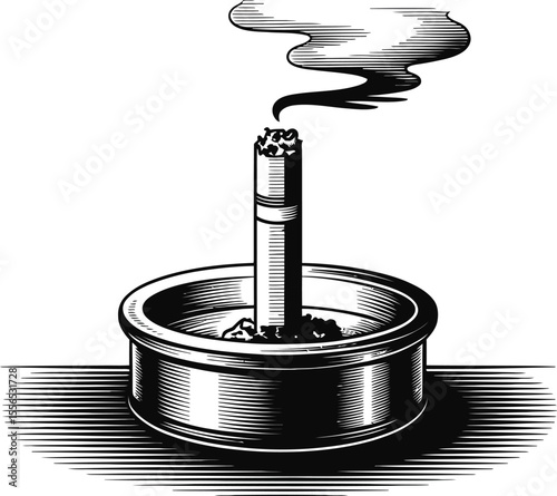 A monochrome illustration of a cigarette in an ashtray with smoke rising from the burning end of it