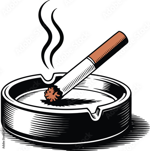 A cigarette burning in an ashtray with smoke rising against a light gray colored background space filled