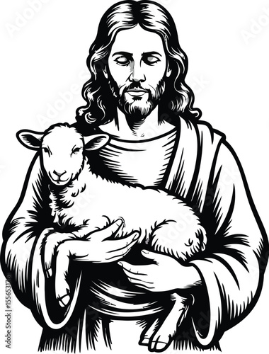 Black and white drawing of a man with long hair holding a lamb in his arms with a white background