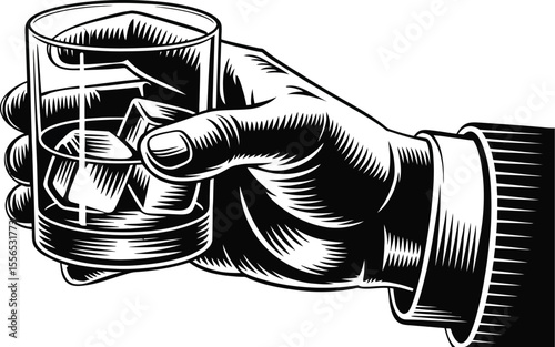 A hand holding a glass of whiskey with ice cubes in a black and white engraved style illustration