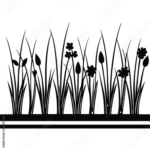 Black Silhouette Meadow Flowers Long Grass Horizontal Border Design Element vector