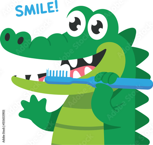 A cartoon alligator brushing its teeth with a blue toothbrush on a light blue background smiling