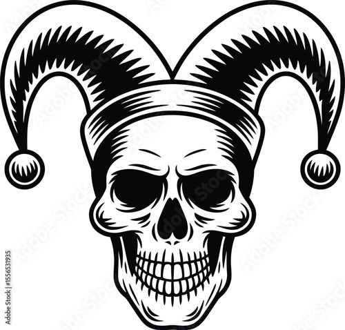 A black and white illustration of a skull wearing a jester hat with bells on a white background