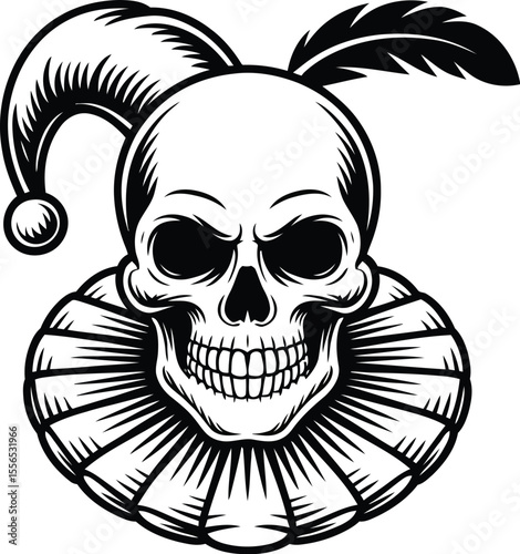 A monochrome illustration of a skull wearing a jester hat and a ruffled collar on a white background