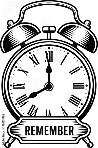 A graphic illustration of a black and white alarm clock with the word remember on the bottom banner
