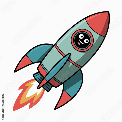 Cartoon Rocket Ship with Smiling Face and Firing Thrusters