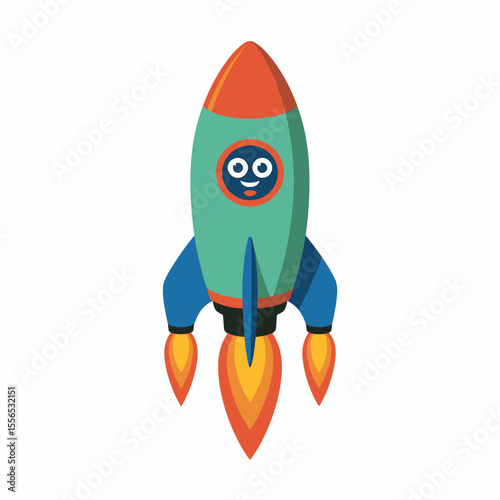 Cartoon Rocket Ship with Smiling Face and Firing Thrusters