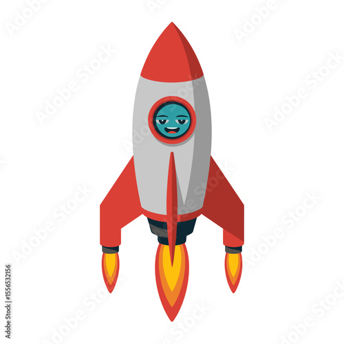 Cartoon Rocket Ship with Smiling Face and Firing Thrusters
