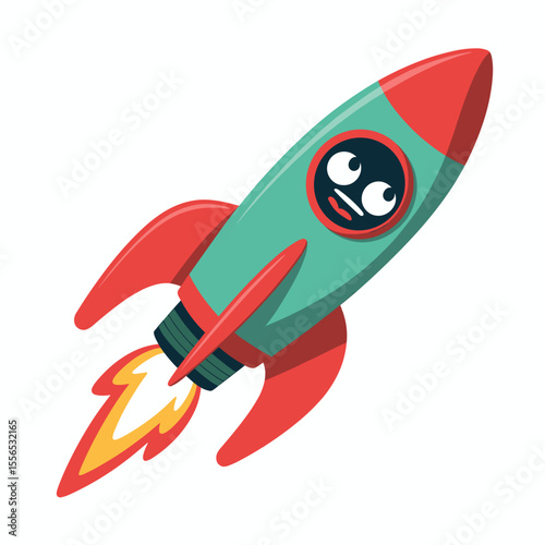 Cartoon Rocket Ship with Smiling Face and Firing Thrusters