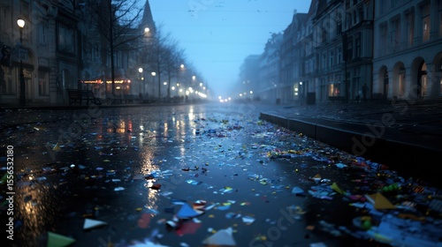 Urban wet street strewn with confetti in cinematic blue tones
