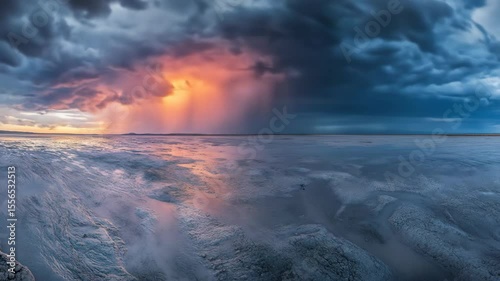 Stormy weather over vast flatland with dramatic light strikes