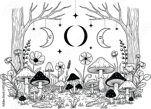 Mystical Moonlit Forest Enchanting Line Art of Mushrooms and Flowers