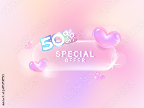 Special offer 50 percentage off with lightning banner in glassmorphism style on pastel gradient background banner template.