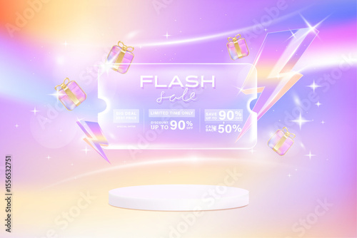 Flash sale with lightning icon in glassmorphism style on pastel gradient background banner template.