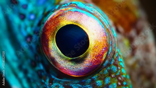 Close-up of a fish eye with vibrant colors and details