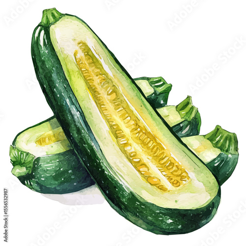 Zucchini Slice, watercolor illustration vector, isolated on a white background.