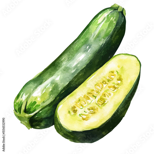 Zucchini Slice, watercolor clipart vector, isolated on a white background.
