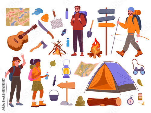 Camping supplies and characters. Outdoor hiking, backpacking people and tourists tools, tent, bonfire and axe flat vector illustration set. Tourist equipment and characters collection
