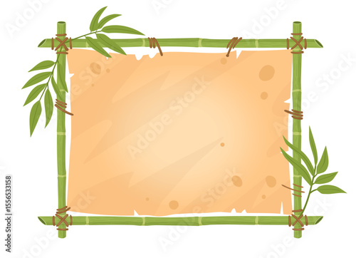 Bamboo frame. Wooden planks exotic sign, jungle border with bamboo sticks, parchment paper and leaves flat vector illustration. Cartoon bamboo sign board on white