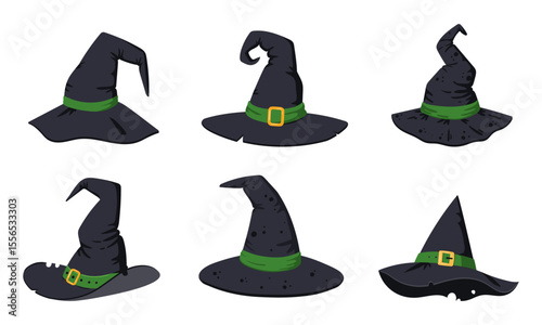 Halloween witch hats. Halloween wizard spooky textile hats, party costume elements flat vector illustrations set. Cartoon witchcraft hats collection
