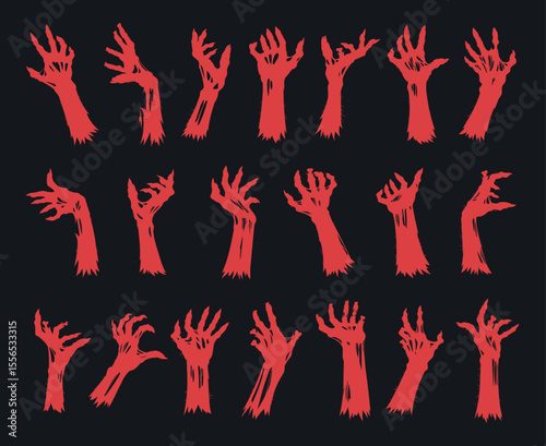 Spooky monsters hands. Halloween zombie arms, bony zombie hands silhouettes flat vector illustration set. Living dead characters limbs collection