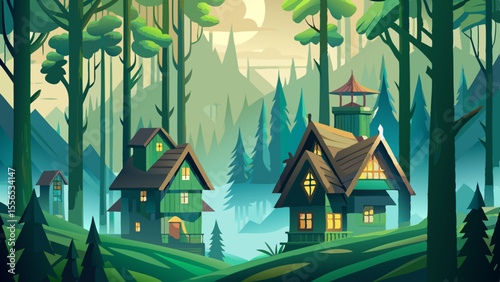 Tall pines stretch high through misty air in a deep green forest. Timber houses with flowered windows peek out between the trees like fairy tale dwellings.