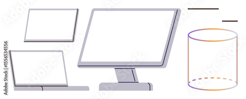 Desktop monitor, laptop, tablet, and cylindrical data server element. Ideal for technology, digital workspace, data storage, IT infrastructure cloud computing business education. Simple flat