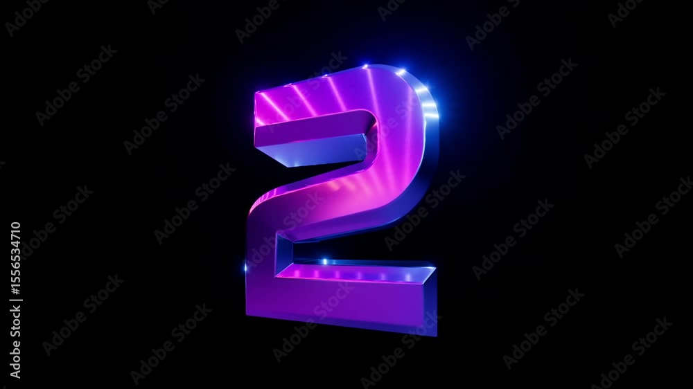 3D animation of a futuristic countdown from one to ten. Chrome numbers from 1 to 10. Metallic digits with neon light reflection isolated on black background