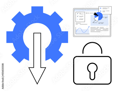 Gear and downward arrow for automation, data dashboard for analytics, and lock symbolizing security. Ideal for technology, cybersecurity, productivity, analysis, innovation, data management simple