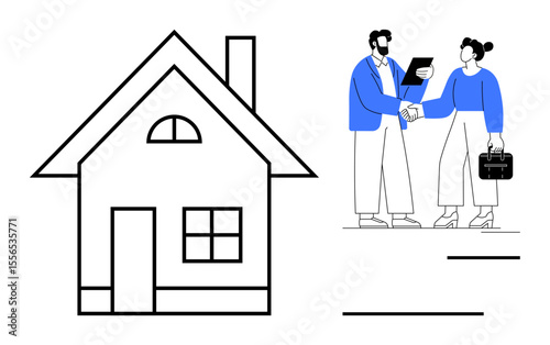 House outline paired with an agent and client shaking hands during property transaction. Ideal for real estate, home buying, mortgage, agreements, contracts, housing market, partnerships. Clean flat