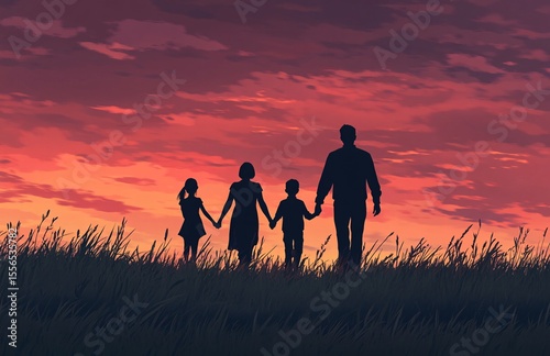 Silhouette of a family with parents and children walking together in a field at sunset, symbolizing unity, love, and togetherness.