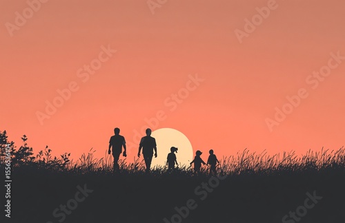 Silhouette of a family with parents and children walking together in a field at sunset, symbolizing unity, love, and togetherness.
