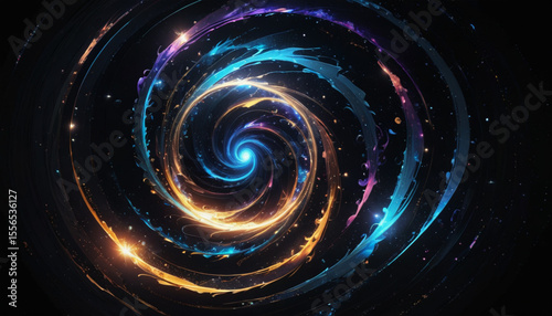 Cosmic swirl of vibrant colors and sparkling light creates an abstract nebula vortex for space exploration concepts.