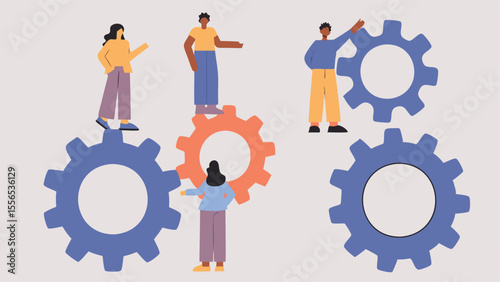 Team Standing On Interconnected Gears Each Contro