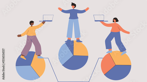 Team Standing On Pie Charts Balancing While Holdi