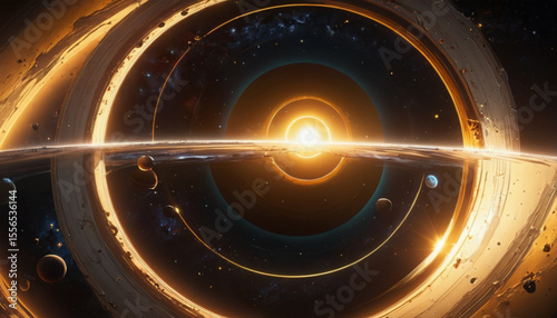 Dreamlike scenery presents planets aligned with brilliant golden light and cosmic rings in outer space.