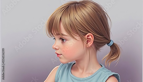 Close up portrait of a young girl with a ponytail looking thoughtful. Child development and early childhood education concept.