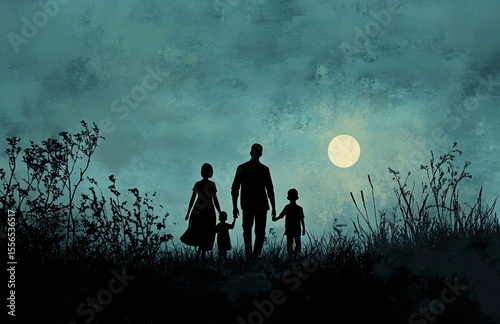 Silhouette of a family with parents and children walking together in a field at sunset, symbolizing unity, love, and togetherness.
