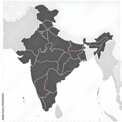 Clean vector map of southern India showing state boundaries (Tamil Nadu, Kerala, Karnataka, Andhra Pradesh, Telangana), thin black lines, no labels, white background