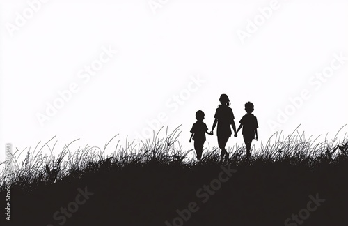 Silhouette of a family with parents and children walking together in a field at sunset, symbolizing unity, love, and togetherness.