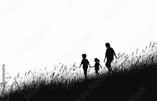 Silhouette of a family with parents and children walking together in a field at sunset, symbolizing unity, love, and togetherness.