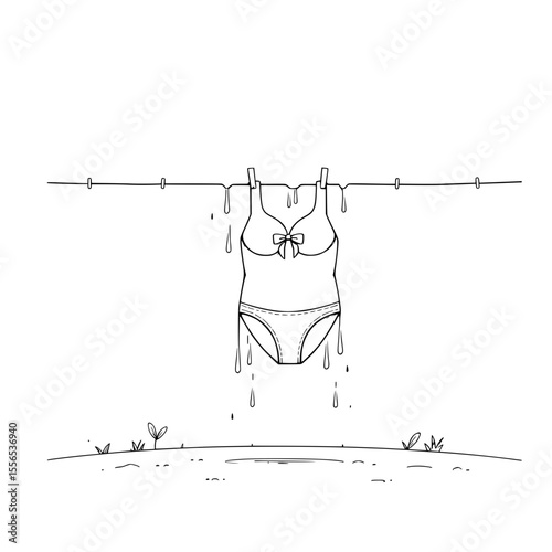  wet swimsuit hanging on clothesline with water dripping outdoors  