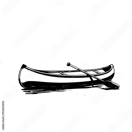 Canoe with paddle floating on calm water in minimalist style  