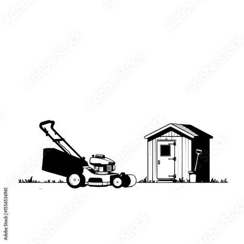lawnmower near tool shed on a grassy background  