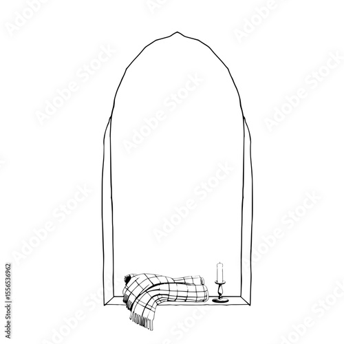 Blanket in cozy corner - Blank arched window design with a candle and blanket on sill  