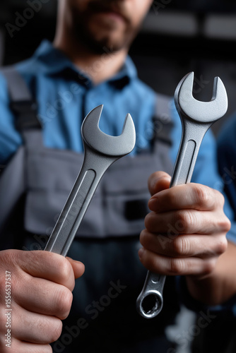 Wallpaper Mural Skilled technician holds two wrenches in workshop while preparing for repairs Torontodigital.ca