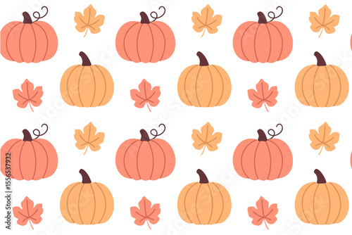 Festive pattern with traditional pumpkins and fall leaves, ideal for thanksgiving, packaging and seasonal textiles